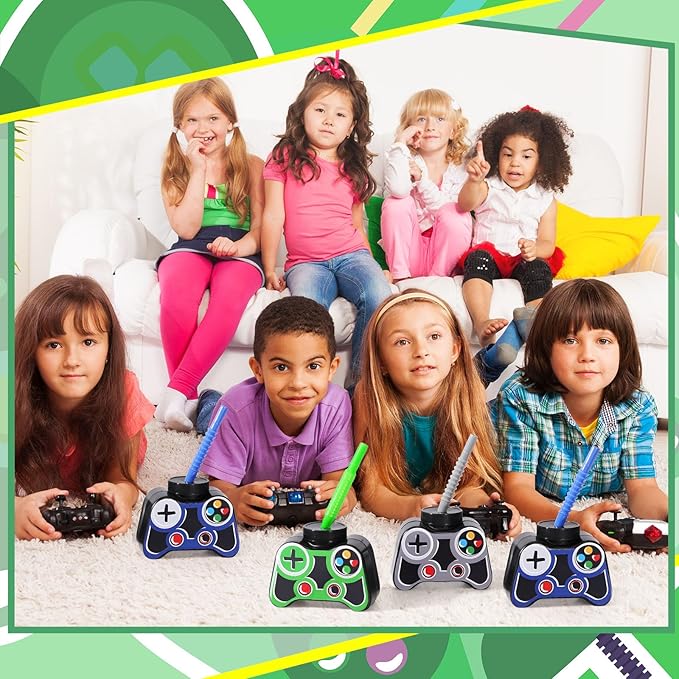Mifoci 24 Pcs Plastic Video Game Party Cups with Straw and Lid 10oz Gamer Birthday Themed Drink Cups 7th Video Game Party Favors for Kids Toddlers Gamer Birthday Supplies (Green)