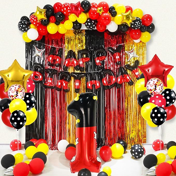 YIIHMEI 1st Mouse Balloons Birthday Decorations Baby Shower Party Supplies Boy Red And Black Foil Balloon Banner 40inch Number