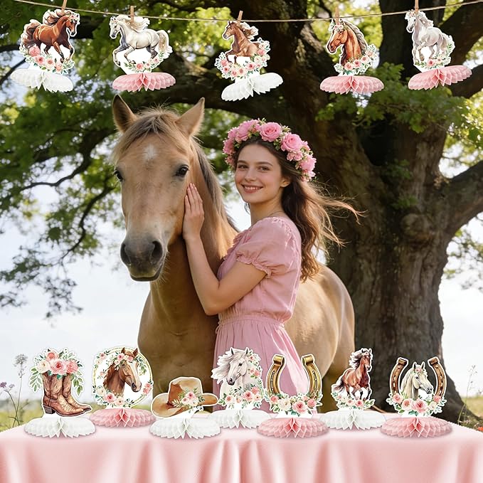 Tarklanda 12 Pcs Cowgirl Honeycomb Centerpieces Floral Horse Table Toppers Western Girl Centerpieces Decorations for Birthday Wedding Party Baby Shower Supplies