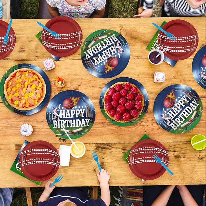 96Pcs Cricket Birthday Party Decoration Sports Theme Ball Plates and Napkins Blue Red Cricket Disposable Paper Tableware Set for Adults Kids Boys Girls Birthday Party Supplies Serves 24