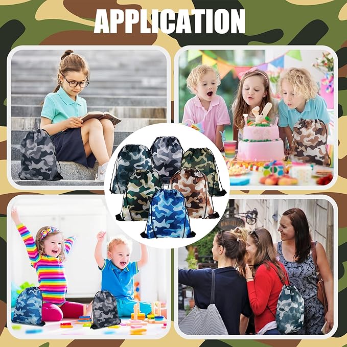 36 Pcs Tie Dye Party Favors Camouflage Drawstring Bag Bulk Camouflage Military Rubber Keychain Silicone Bracelet for Goodie Bag Stuffers Fillers Summer Camping Birthday Party Supplies(Classic Camo)