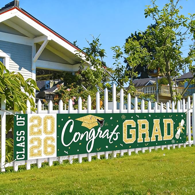 Graduation Banner Class of 2026 - Large Congrats Grad Yard Sign 2026 Green Gold Congrats Grad Banner Fence Yard Sign for Graduation Decorations Party Supplies