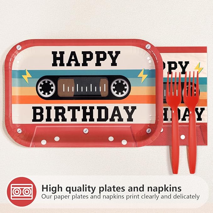 50th Birthday Decorations 96Pcs 50th Birthday Plates and Napkins Retro 70s Party Cassette Tape Disposable Tableware for 50 Year Old Women Men Retro Music Hip Hop Party Decorations