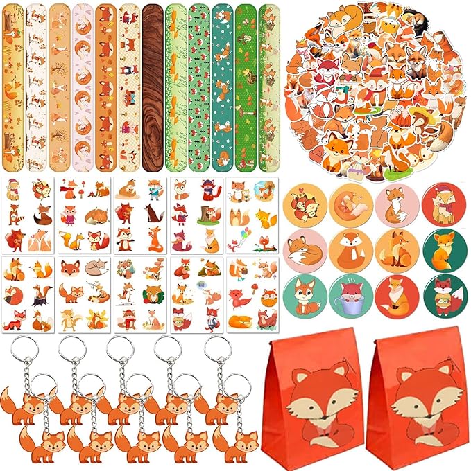 Fox Party Favors 110 PCS Fox Theme Slap Bracelets Sticker Key Chains Badge Temporary Tattoos Gift Bags for Kids Woodland Creatures Fox Birthday Party Baby Shower Jungle Safari Party Supplies