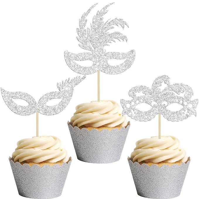 Gyufise 24Pcs Masquerade Masks Cupcake Toppers Silver Glitter Bachelorette Mask Cupcake Topper Mask Cake Picks Decorations for Masquerade Mardi Gras Party Baby Shower Birthday Party Supplies