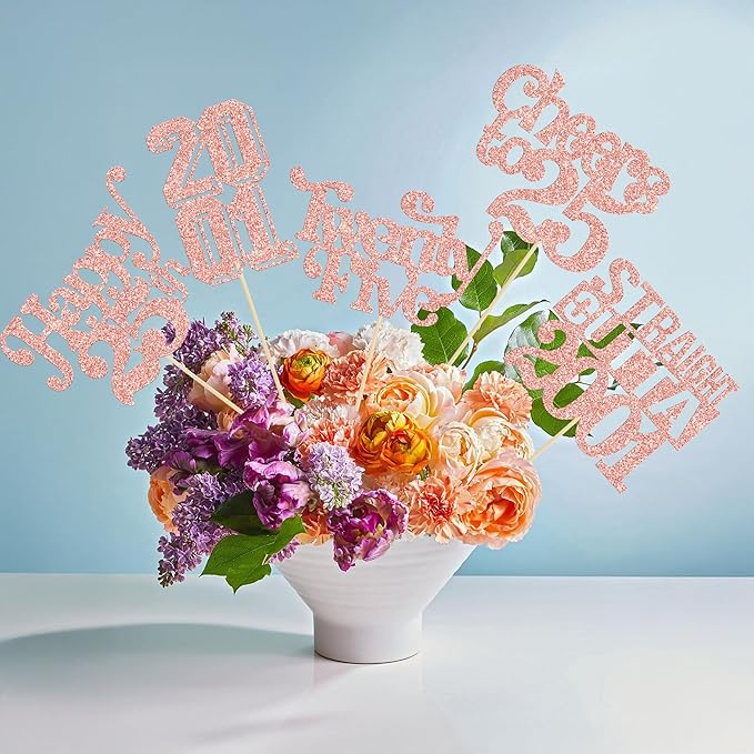 Gyufise 15Pcs Happy 25th Birthday Centerpiece Sticks Twenty Five Straight Outta 2001 Table Flower Centerpieces Sticks for Cheers to 25th Birthday Party Supplies Rose Gold