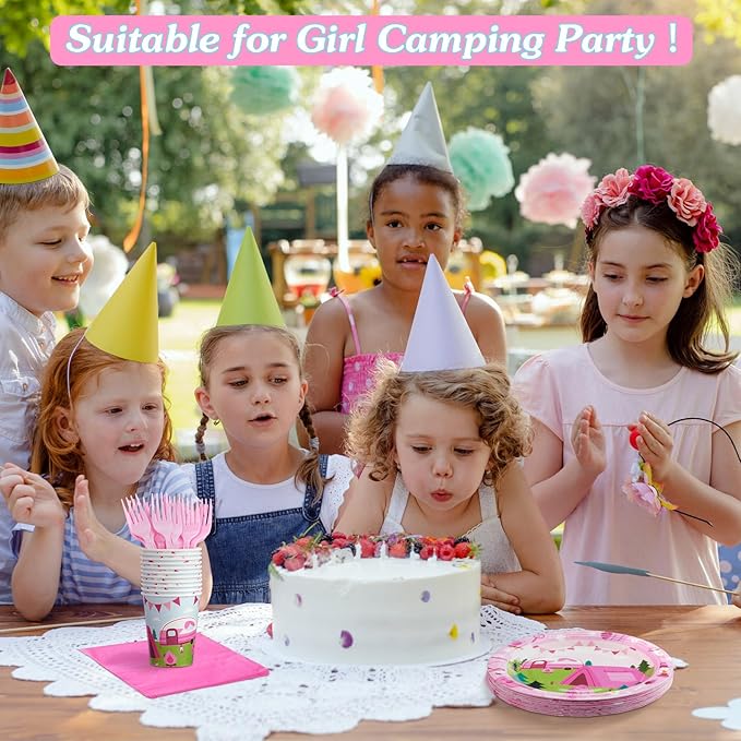 Zubebe 120 Pcs Pink Camping Party Supplies for 24 Guests: 48 Plates, 24 Cups, 24 Napkins, 24 Forks - Camping Theme, Disposable, Lightweight