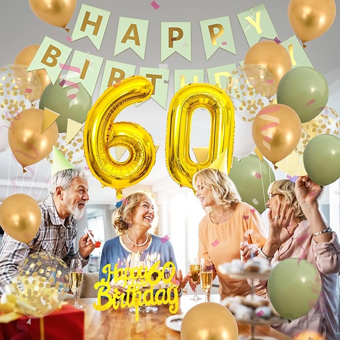 60th Birthday Decorations for Men Women, sage green Happy Birthday Party Decorations With Gold Number 60 Balloons Gold Confetti Latex balloons Fringe Curtain Cake Topper For 60th Party Supplies