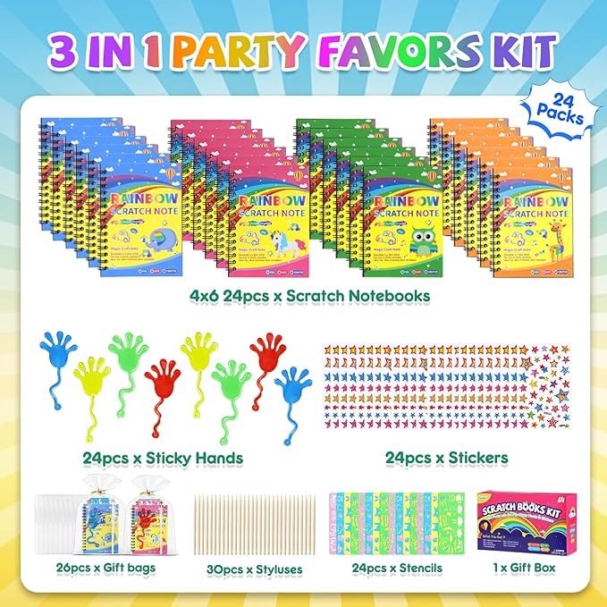 24*3 Pack Scratch Art Notebook+Sticky Hands+Stickers,Party Favors for Kids 4-8-12,Return Gifts for Birthday Party,Easter Basket Stuffers,Classroom Prizes Bulk Gifts for Students