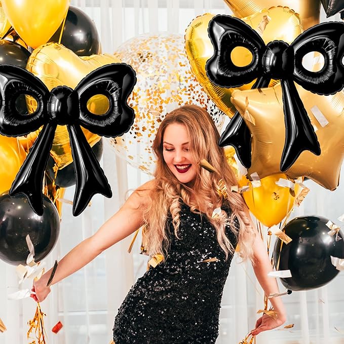 4 Pcs Black Bow Balloons, 31”Huge Bow Aluminum Foil Balloons for Girl Women Birthday, Baby Shower, Wedding, Bridal, Engagement, Bachelorette Party Decorations Supplies