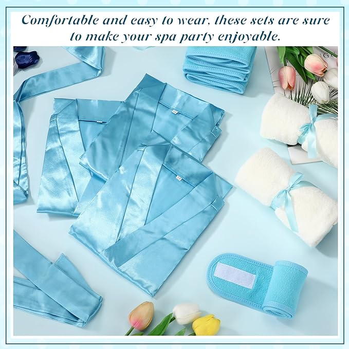 24 Pcs Kids Spa Party Supplies Includes 6 Spa Party Robes 6 Basins 6 Makeup Headband 6 Towels for Sleepover Bath (Blue)
