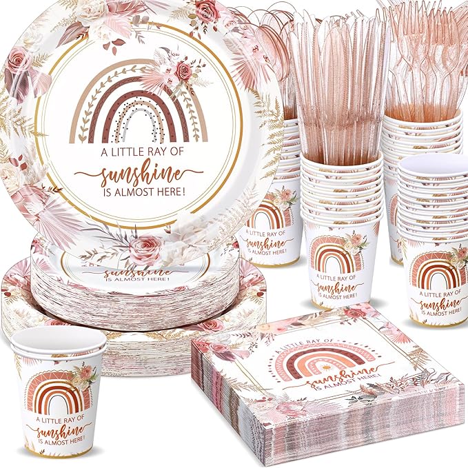 350 Pcs Boho Sunshine Baby Shower Party Supplies Rainbow Paper Plates Napkins Cups and Plastic Cutlery Party Tableware Set for Baby Shower Birthday Decorations, Serves 50