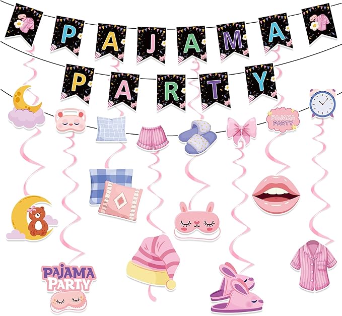 Pajama Party Decorations - Pajama Party Banner with Hanging Swirl Sleepover Party Supplies for Girls Slumber Party Favors Birthday Night Out