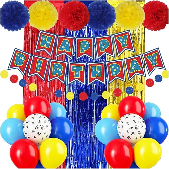 Paw Birthday Decorations, Dog Paw Birthday Party Supplies, Banner, Balloons, Foil Fringe Curtains, Paper Garland Pull Flower, Tissue Paper Pom Poms