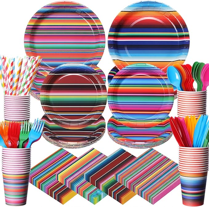 450 Pcs Mexican Serape Fiesta Party Tableware Set Decorations Cinco De Mayo Paper Plates Colorful Stripes Napkins Cups Cutlery Straws for Taco Carnival Birthday Party Supplies, Serves 50