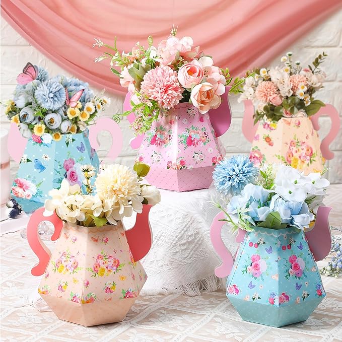 Fulmoon 9 Pcs Tea Party Decorations 6.7'' Flower Box Table Paper Teapot Princess Centerpiece Vase Table Decor Wonderland Fancy Party Decor for Floral Tea Birthday Baby Shower Wedding (Cute)