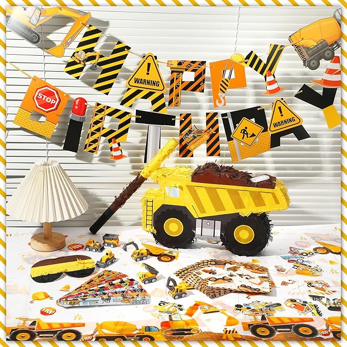 Construction Party Favors Kit Excavator Pinata with Blindfold Bat, Construction Party Supplies, Goodie Bag Fillers for Adult Birthday