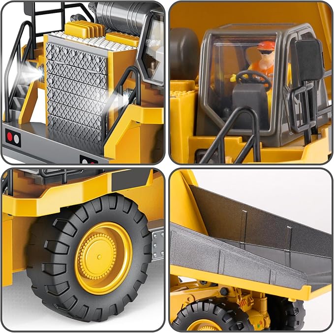 PREPOP Kids' RC Dump Truck Toy - Remote Control Construction Truck with Metal Bed, Lights & Sounds, for Boys Ages 6-10 Years and Up