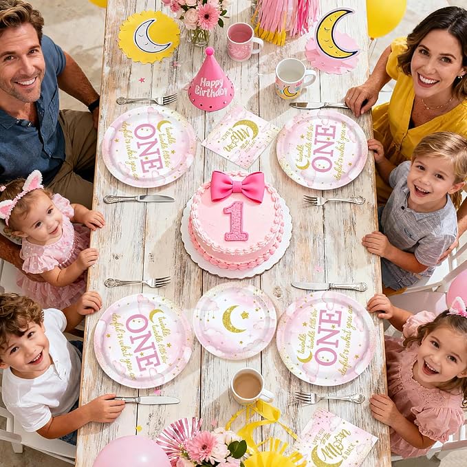 96Pcs Over the Moon Baby Shower Decorations Twinkle Twinkle Little Star 1st Birthday Party Plates Pink Gold Moon Themed Tableware for Girls Baby Shower One Year Old Birthday Supplies