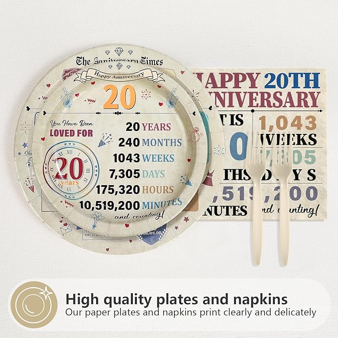 96Pcs 20th Anniversary Party Decorations Retro 20 Years Wedding Aday Plates and Napkins Happy 20th Anniversary Disposable Tableware Set for Vintage 20 Year Wedding Party Supplies Serves 24