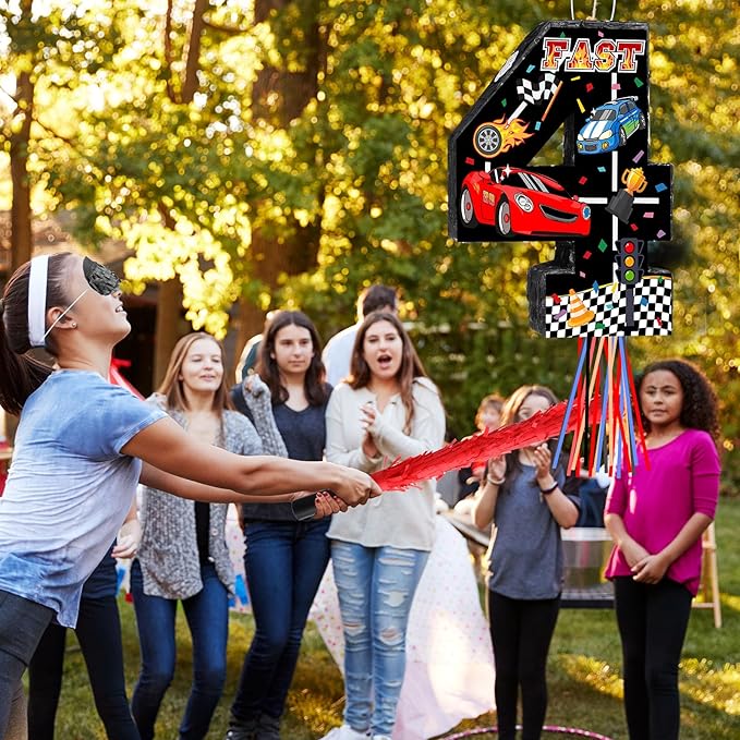 Race Car Piñata Pull String Cars Piñatas for Birthday Party Decorations Number 2 3 4 5 6 with Blindfold Stick Small Red Black Racing Theme 2nd 3rd 4th 5th 6th Party Supplies(Number 4)