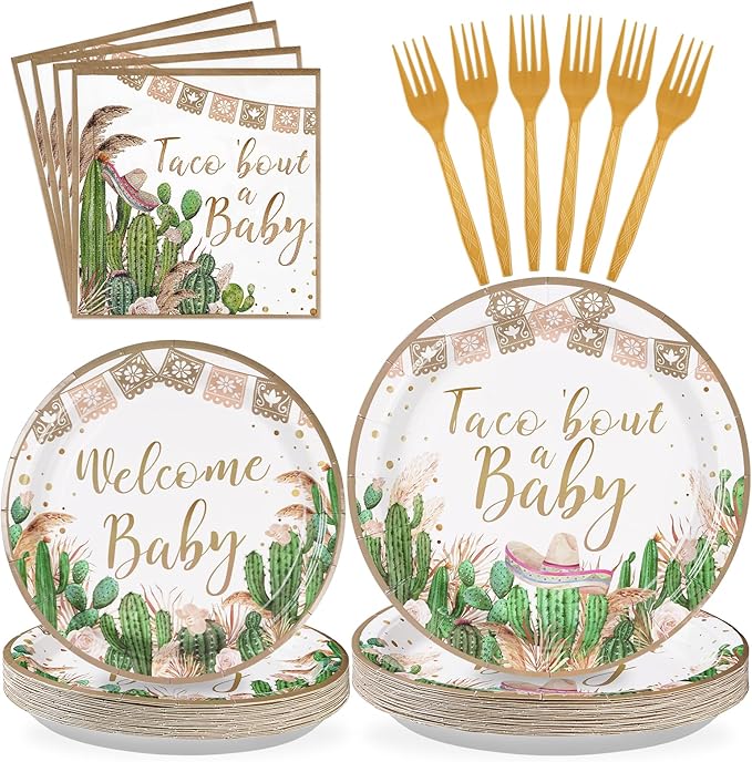 96Pcs Taco Bout a Party Decorations Taco Bout a Baby Plates and Napkins Tableware Sets Mexican Fiesta Party Decorations for Boys Girls Cactus Gender Reveal Birthday Supplies Serve 24