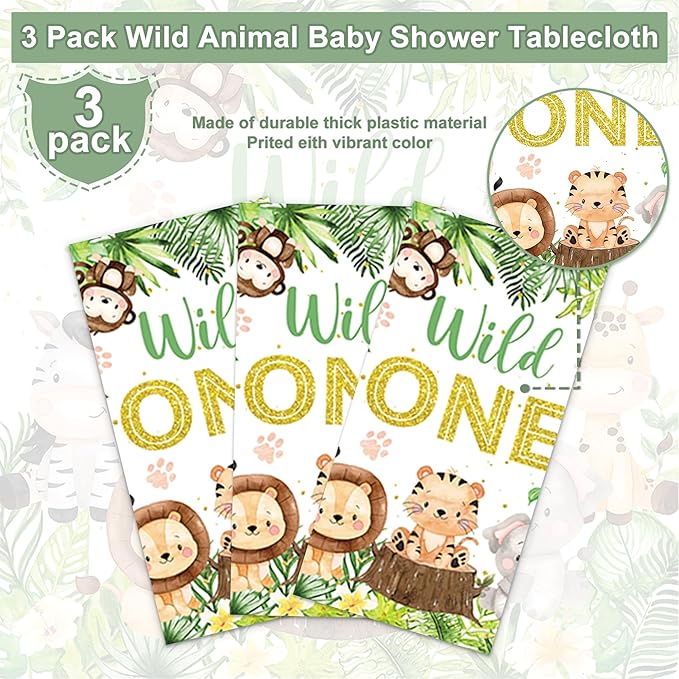 3PCS Wild One Tablecloths for Boys Baby Kids 1st First Birthday Party Jungle Animal Themed Table Cloths Safari Baby Shower Decorations Table Cover Party Supplies -54x108in