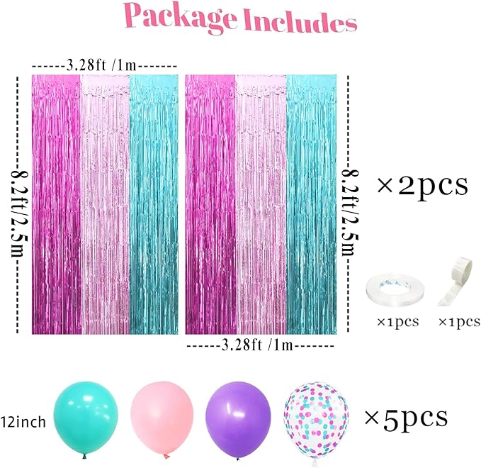 22Pcs Cute Dollhouse Party Decorations, Purple Pink 3.3x8.2ft Tinsel Foil Fringe Curtains Banners and Multicolour Balloons for Cartoon Theme Birthday Decorations Boys and Girls Party Supplies