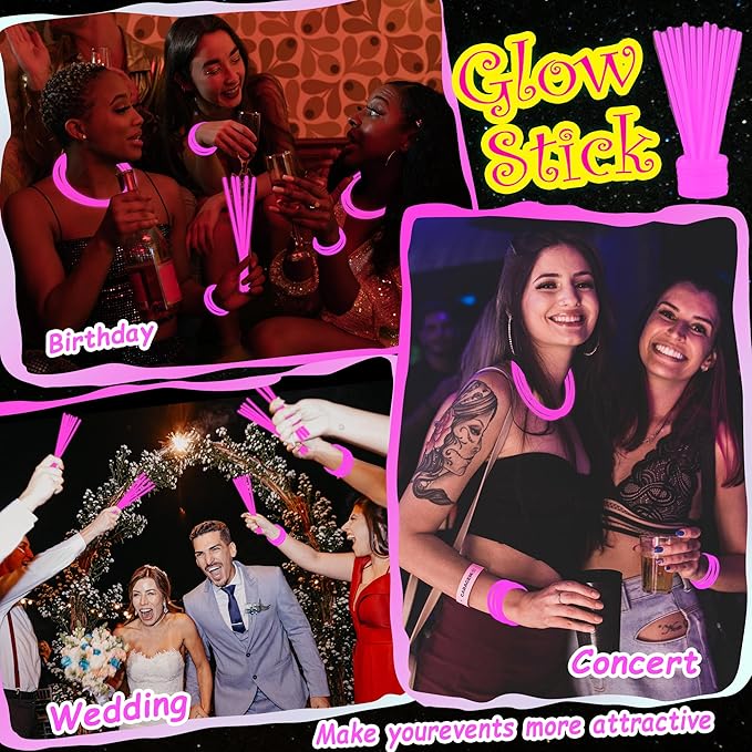 ILHSTY 100 pk 8'' Pink Glow Sticks Glow Necklaces In The Dark Party Favors Supplies Bright GlowSticks Bulk for Birthday Valentine Carnival Christmas Halloween 4th of July Neon Party (Pink*100)