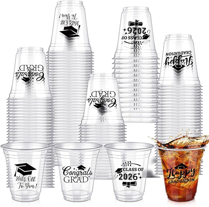 Eaasty 100 Pcs 12oz Graduation Cups 2026 Disposable Plastic Cups for Class of 2026 Graduation Party Congrats Grad Elegant Party Supplies Tableware Decorations (Clear)