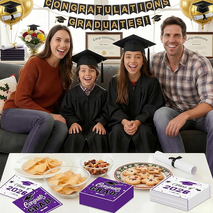 50 Pcs Graduation Napkins Decorations - Purple Class of 2026 Congrats GRAD 3-Ply Paper Cocktail Dinner Napkins Set for 2026 Graduation Party Supplies Table Decor Favors, 6.5 x 6.5 Inch