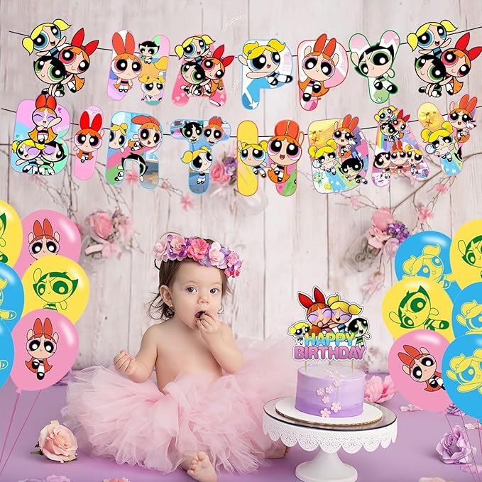 Power Girls Party Decorations,Power Girls Birthday Party Supplies Includes Banner - Cake Topper - 12 Cupcake Toppers - 18 Balloons