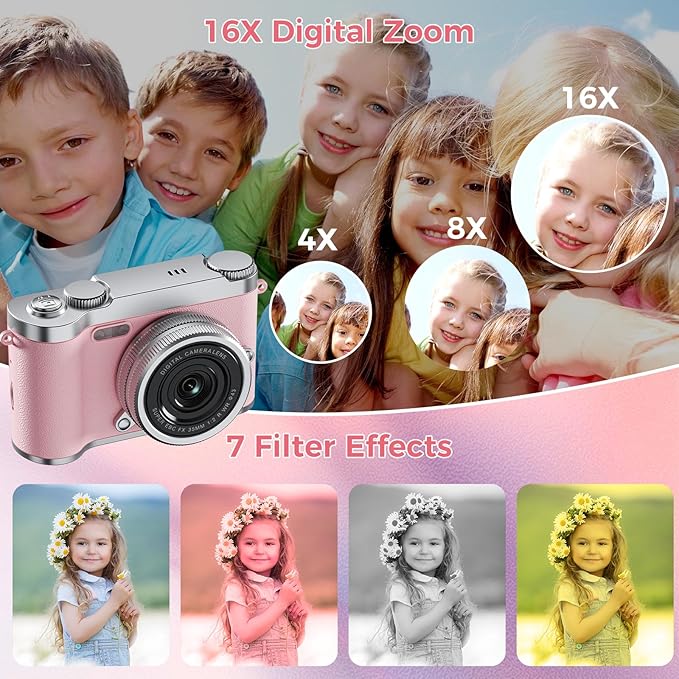 Upgrade Kids Selfie Camera, HD Digital Video Cameras for Toddler, Portable Toy for 3 4 5 6 7 8 Year Old Girl with 32GB SD Card-Pink