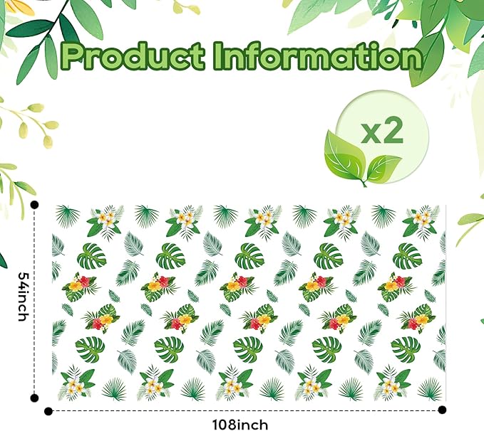2Pack Hawaiian Luau Tablecloth 54x108 Inch, Tropical Palm Leaves Table Cover for Party, Plastic Disposable Green Leaves Decor for Birthday, Jungle Nature Theme Party Supplies Decorations