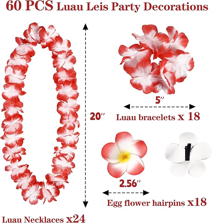 Moon Boat 60PCS Hawaiian Luau Leis Party Decorations Supplies Set - Tropical Tiki Flowers Necklaces + Bracelets + Hair Clips Bulk Summer Pool Birthday Decor Favors