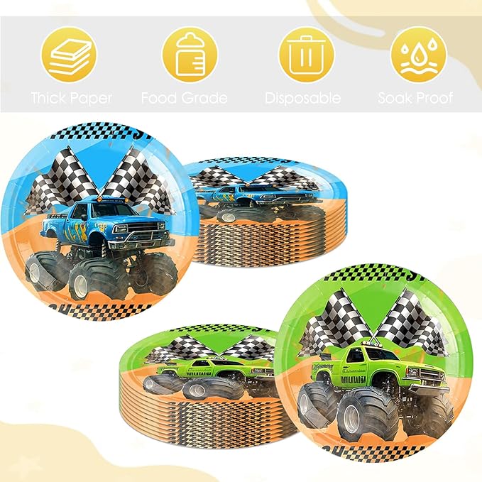 20Pcs 9Inch Monster Truck Plates Monster Truck Party Decorations Machines Jam Theme Tableware Paper Plate Set Disposable Dessert Plates,for Boys Truck Themed Birthday Party Decorations Supplies