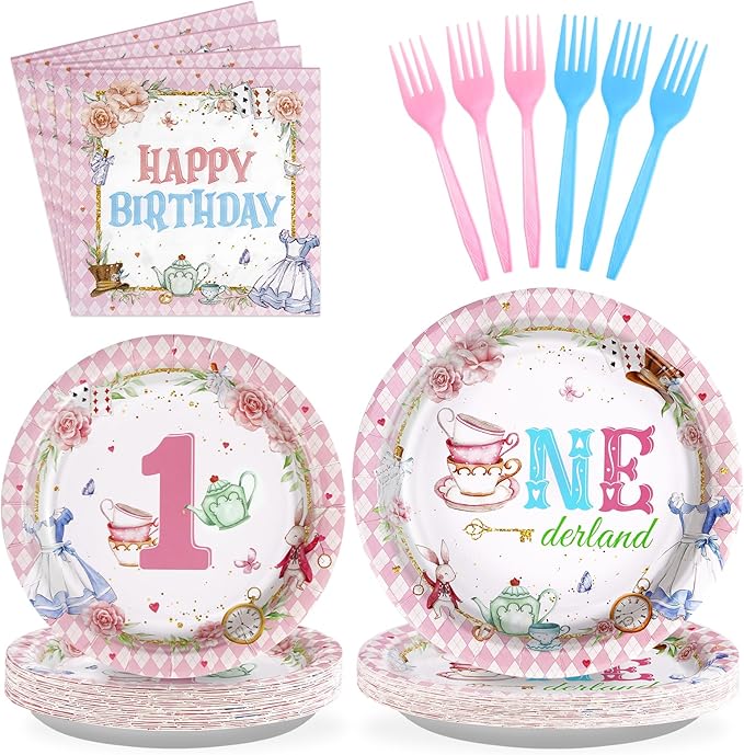 Grencian 96Pcs Onderland First Birthday Party Supplies Onederland 1st Birthday Plates Napkins Forks Disposable Tableware Set for Girls One Year Old birthday Decorations Tea Party Baby Shower Serve 24