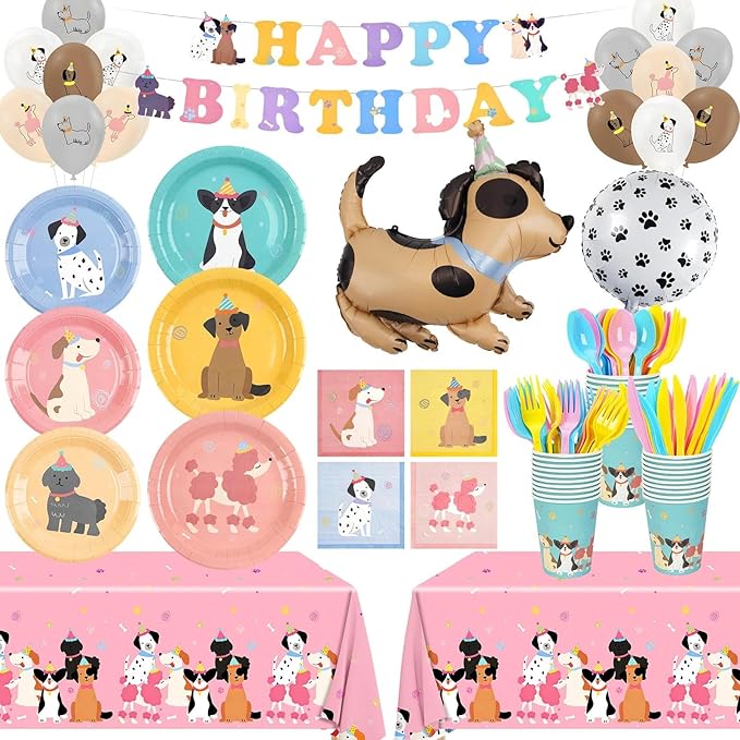 185 Pcs Pet Dog Birthday Party Decorations, Pet Dog Birthday Party Supplies Retro Puppy Themed Paper Plates Napkins Disposable Vintage Dog Tableware Set Serves 24, for Kids Birthday Baby Shower Decor