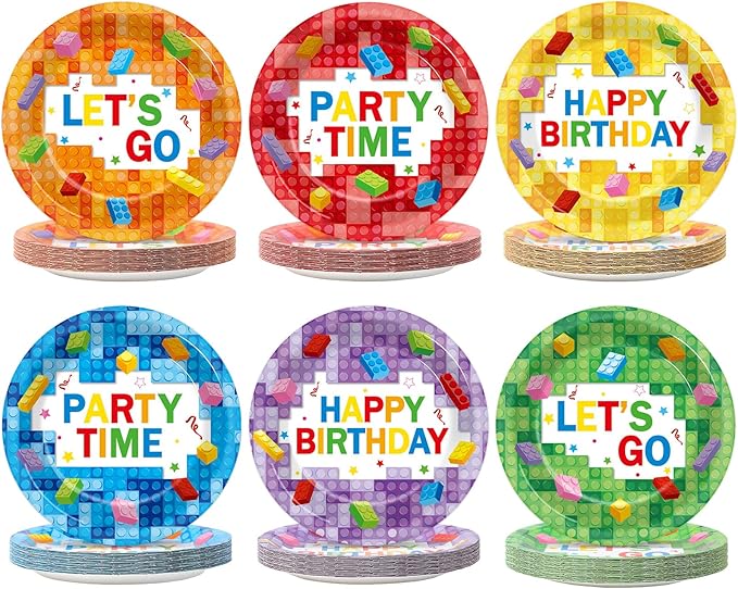 60Pcs Building Block Birthday Party Plates Building Bricks Disposable Paper Dessert Plates for Blocks Birthday Decorations Party Tableware Set for Boys Kids Baby Shower Supplies