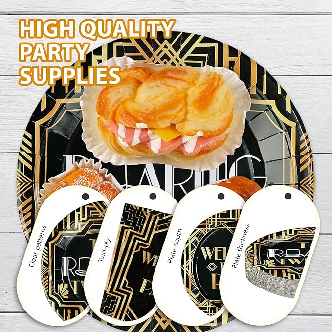 168Pcs Roaring 20s Party Decorations Great 1920s Party Plates Napkins Cups Forks Knives Spoons Black and Gold Retro Jazz Tableware for Speakeasy Bachelor Retirement Movie Night Supplies Serves 24