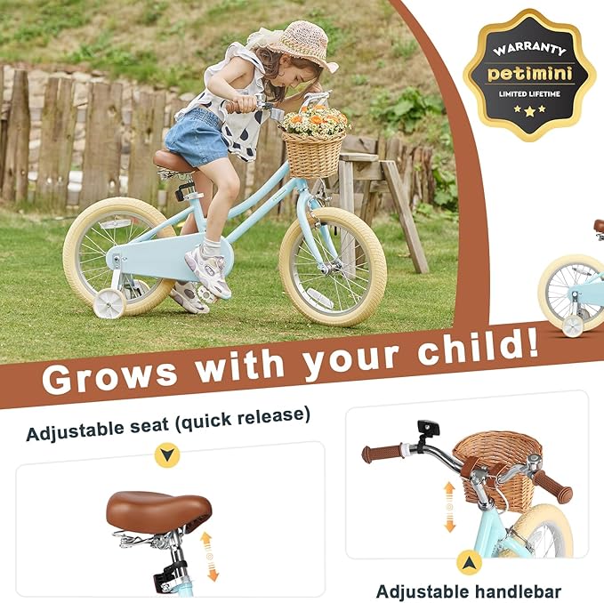 Petimini Vintage Kids Bike for Girls, 12–20 Inch Classic Bicycle with Wicker Basket & Bell, High Tensile Steel Frame, Training Wheels (12–18”), 85% Pre-Assembled, Retro Bike for Outdoor Riding