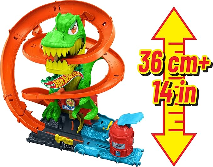 Hot Wheels Toy Car Track Set, City T-Rex Blaze Battle Playset & 1:64 Scale Die-Cast Vehicle, 18” Tall, Multiple Race Outcomes, Spinning Dinosaur Eyes