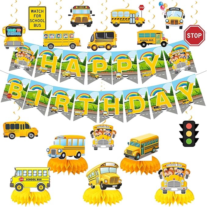 Wheels On The Bus Party Decorations Yellow School Bus Birthday Party Decor Supplies Includes Happy Birthday Banner Hanging Swirls Cute Back to School Honeycomb Centerpiece