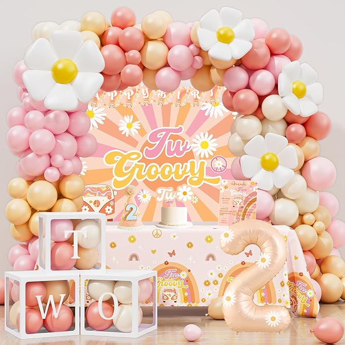 Two Groovy Party Decorations, Two Groovy Birthday Party Supplies, Daisy Groovy 2nd Birthday Décor, Daisy Boho Rainbow Second Bday Decor for Baby Girl
