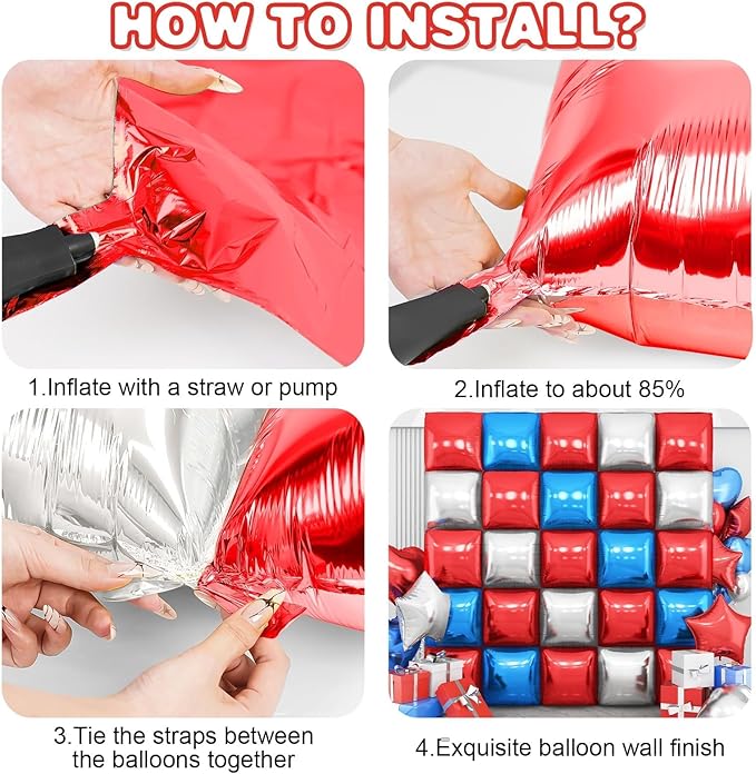 Red Blue Silver Square Foil Balloon Wall,25Pcs Double Sided Balloons Backdrop Helium Balloon Tunnel Arch Garland Kit for 4th of July Independence Patriotic Birthday Anniversary Usa Party Decorations
