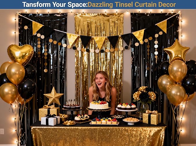 3 Packs Black and Gold Foil Fringe Curtains, Birthday Decorations Backdrop Graduation Tinsel Steamer, Retirement Farewell Engagement Wedding Bridal Shower Party Decorations