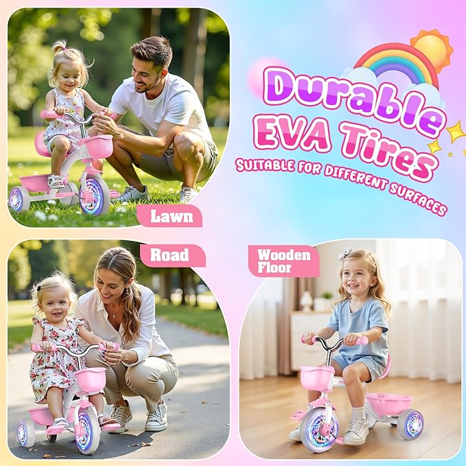 Toddler Tricycle for 1-3 3-5 Year Olds, 2 3 4 5 Year Old Girl Birthday Gifts, Pink Toddler Baby Bike, 4-Level Adjustable Seat, 3 Color Light Wheels, 2 Baskets, Outdoor Riding Toys for Ages 2-4