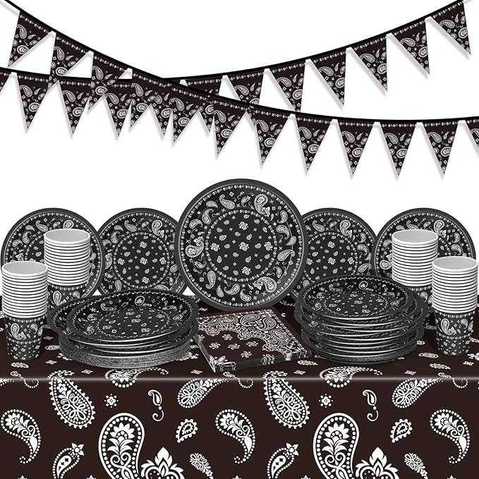 123 Pcs Western Cowboy Party Decorations, Wild West Birthday Decorations Tableware Set, Cups, Plates, Napkins, Banner & Tablecloth for Cowboy Themed Party Ideal for Bbqs, Baby Showers(Black)