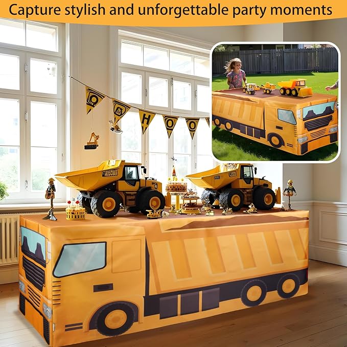 6Ft Construction Vehicle Table Cloth,Construction Birthday Decorations for Kids' Boys' Party Decorations, Baby Shower Birthday Party Supplies