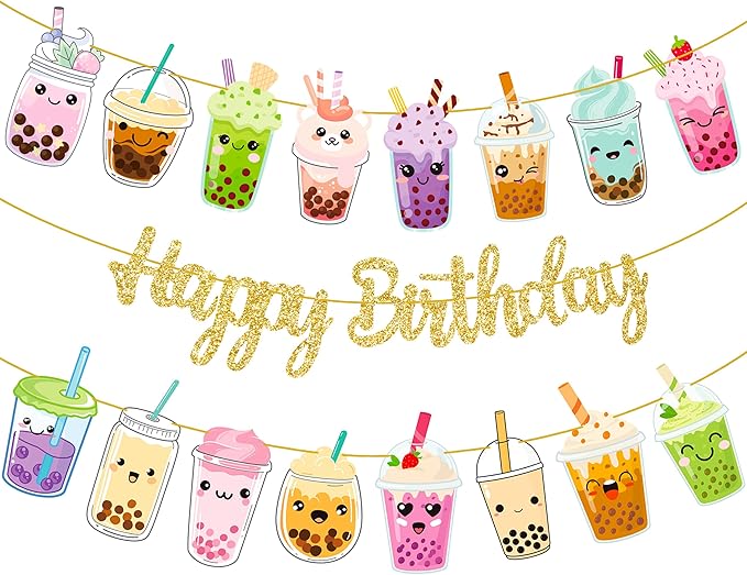 3pcs Bubble Tea Birthday Party Banners Boba Tea Birthday Decorations Gold Glitter Happy Birthday Banner Bubble Mill Tea Cutout Garlands for Baby Shower Supplies